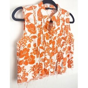 Vintage Willi Smith Hawaiian Tropical Cutoff Linen Sleeveless Top, Orange -‎ S
